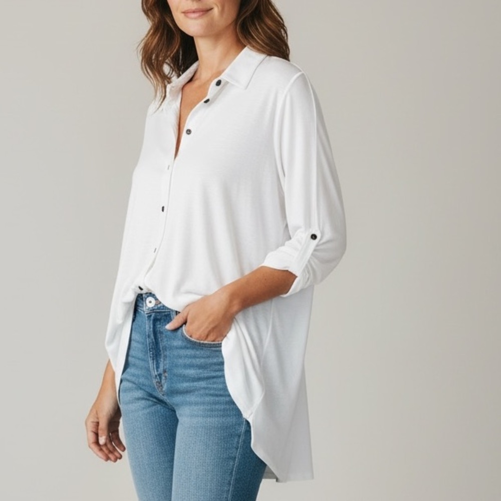 Kim Rogers White Button-Down Tunic with Ruched Sleeves